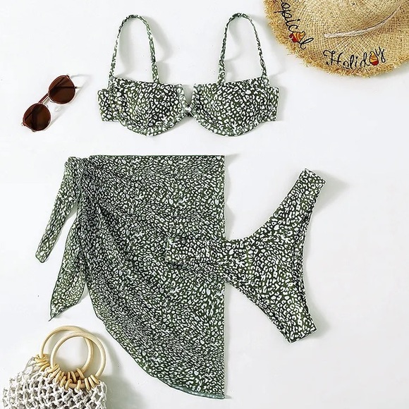 Nwot Green Leopard 3pc Bikini Set - Picture 2 of 9